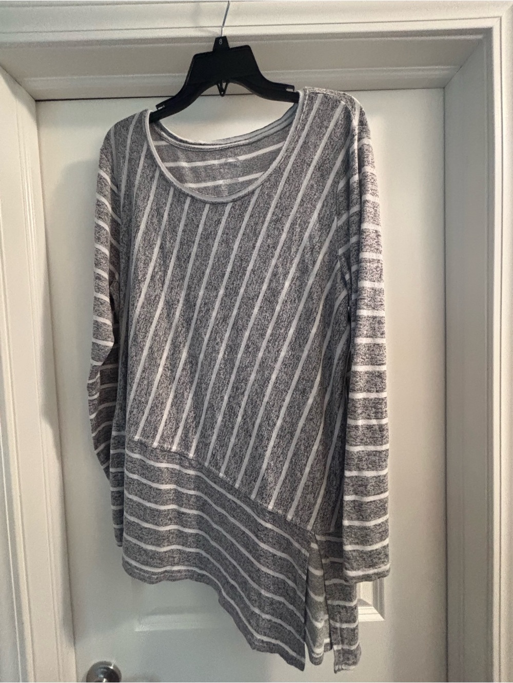 Women's Gray and White Striped lightweight Crewneck knit Top.